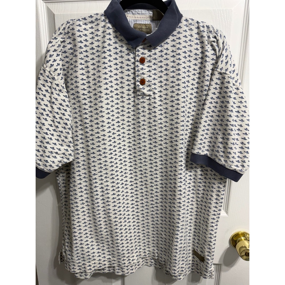 Haggar Clothing Co Mens Large White Blue Floral Cotton Short Sleeve Polo Shirt